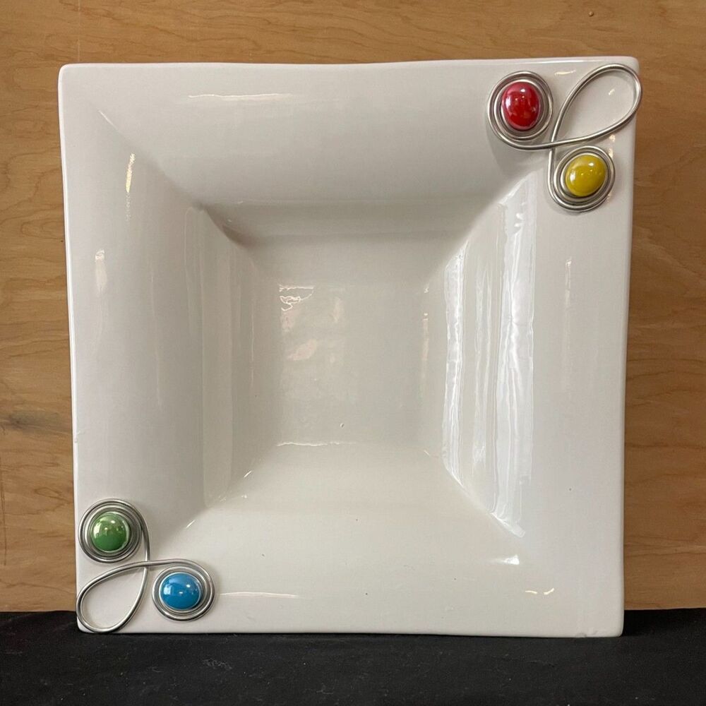 Vintage FNG Portugal 11” Square Art Pottery Bowl Glass Orbs Modernist